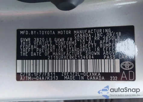 2019 Toyota Corolla Le из США, поврежденный, VIN 2T1BURHE8KC134684